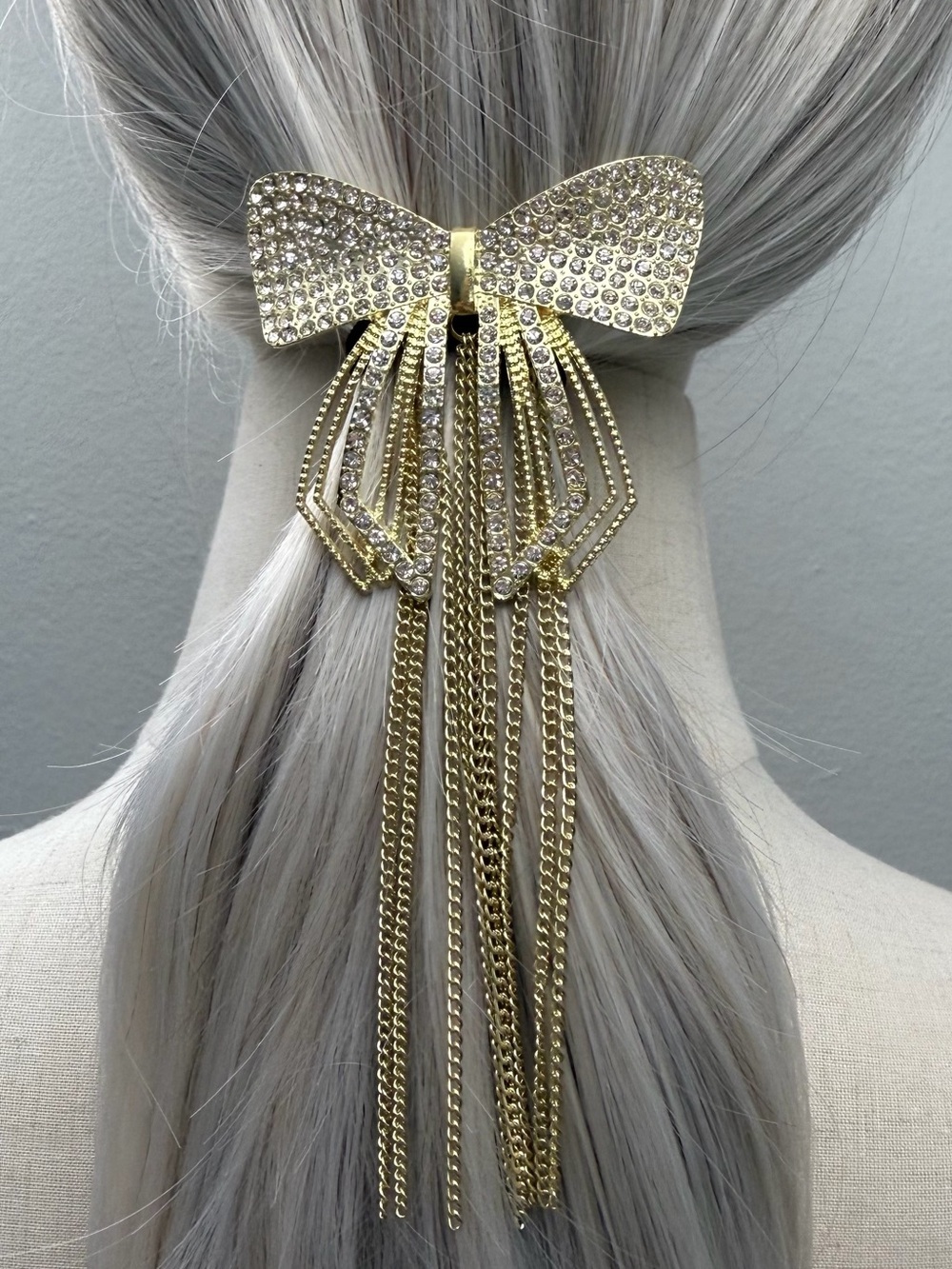 Gold Rhinestone Bow Hair Barrette Long Tassel Hair Clip Crystal Statement Bow